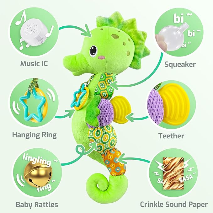 Sumobaby Infant Baby Musical Stuffed Animal Activity Soft Toys with Multi-Sensory Crinkle, Rattle and Textures, for Tummy Time Newborn 0-3-6-12 Months Boys, Girls, Seahorses, Green