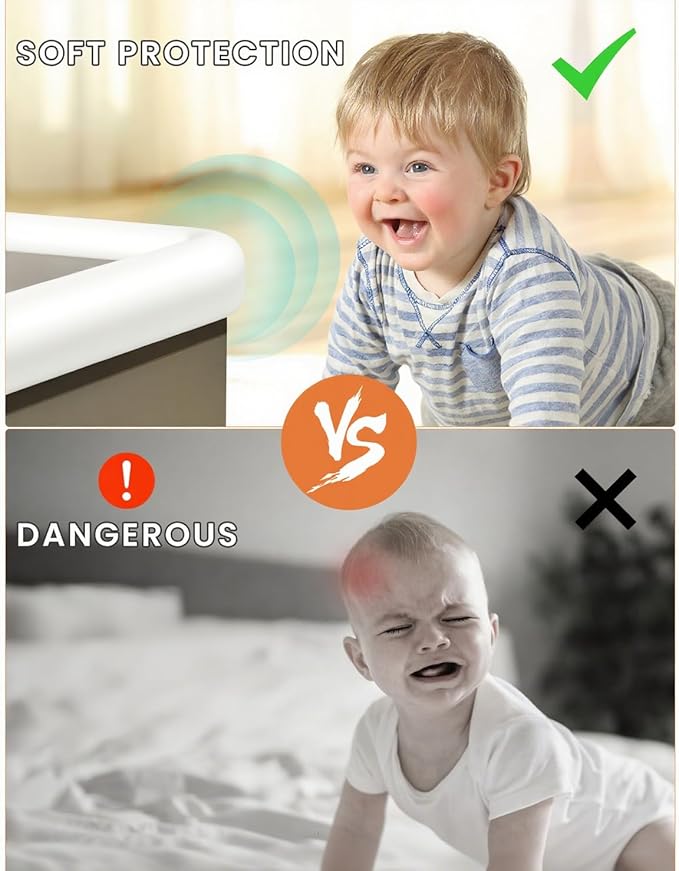 Baby Proof Edge Corner Protector, 6.56FT 0.47''Th L-Shape Furniture Corner & Edge Safety Bumpers with 6 Corners, Pre-Taped, Soft NBR Rubber Foam Desk Edge Cushion Wall Corner Protector（White）