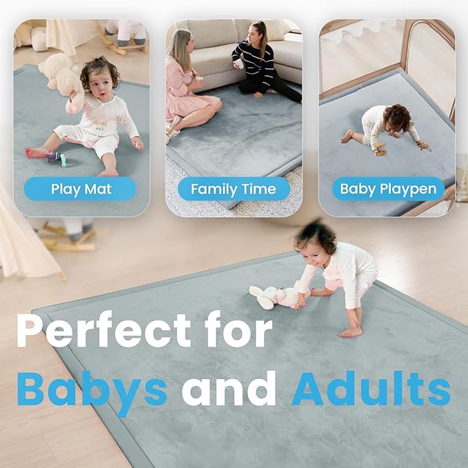 1.3" Thick Baby Play Mat for Floor, 39x59 Foam Tummy Time Mat, Padded Support Soft Plush Nursery Rug for Infant Kids Toddler Crawling Kick Activity (Light Grey)