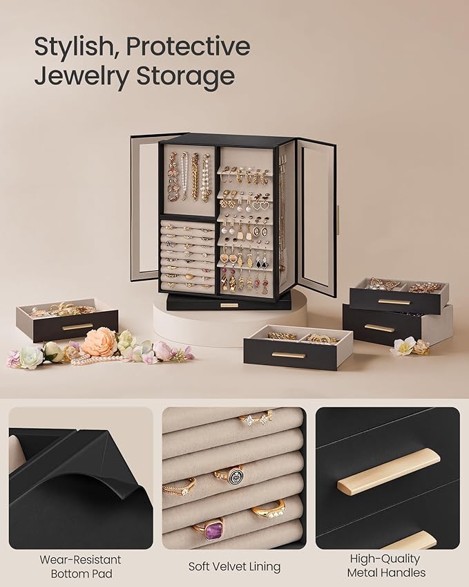 SONGMICS Jewelry Box 360° Rotating, Jewelry Storage Case with 7 Drawers, Jewelry Organizer, Glass Window, Spacious, Vertical Jewelry Storage, Open Design, Great Gift, Ink Black UJBC201B01
