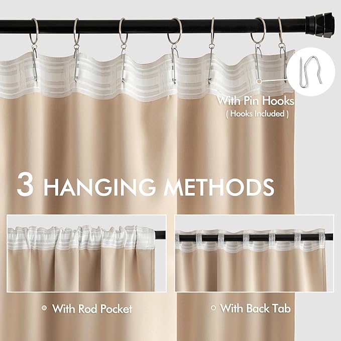 MIULEE Back Tab Beige Curtains 96 Inch Long 2 Panels Set for Living Room Bedroom, Cream Rod Pocket/Pinch Pleated Light Blocking Thermal Insulated Room Darkening Floor to Ceiling Blackout Drapes