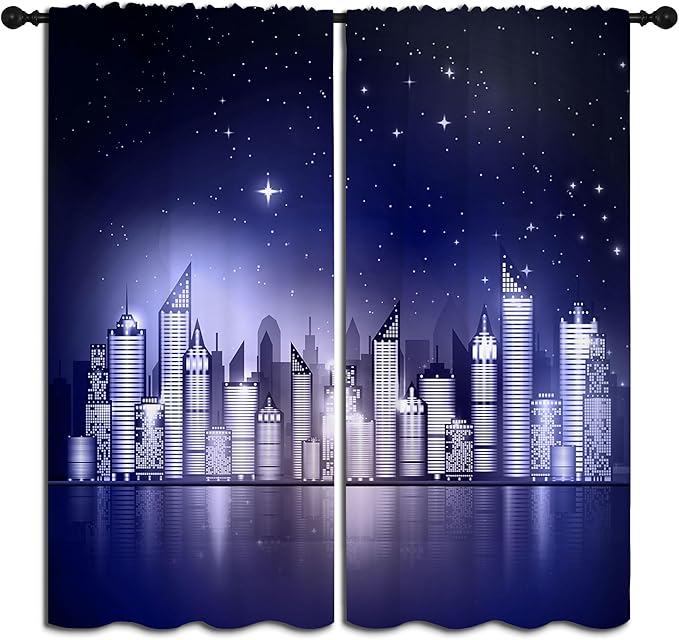 City Rod Pocket Blackout Curtains for Boy Girl Bedroom, New York Skyline Modern City Starry Sky Night View Home Energy Efficient Light Filtering Window Curtain for Living Room, 63x63 inch