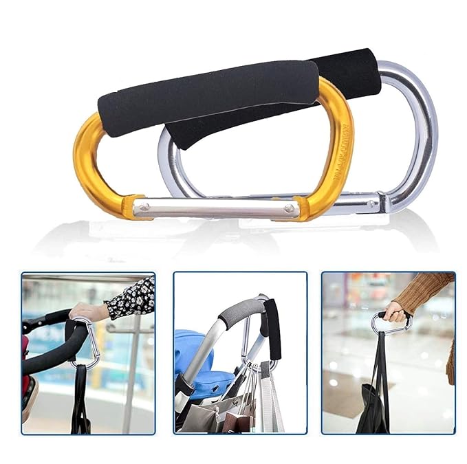Large Stroller Hooks for Mommy, 2 pcs Carabiner Stroller Hook Organizer for Hanging Purses, Diaper Bag, Shopping Bags. Clip Fits Single/Twin Travel Systems, Car Seats (Silver+Golden Yellow)