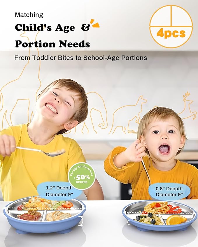 Stainless Steel Toddler Suction Plate with Lid, Deepened 9" Divided Plates with Removable Silicone Sleeves for Kids, Non Toxic Unbreakable Snack Dishes Set of 4, Sage Blue Beige Lilac