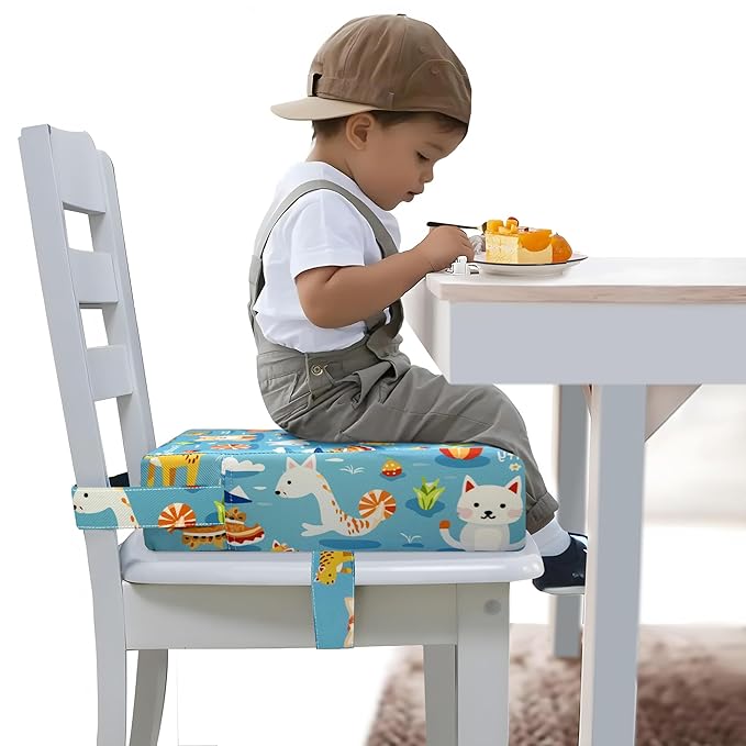 Toddler Booster Seat for Dining Table, Portable Booster Seat for Kitchen Chair, 4 Inch High-Density Foam Cushion with Adjustable Safety Straps and Non-Slip Bottom, Perfect for Kids Travel and Daily
