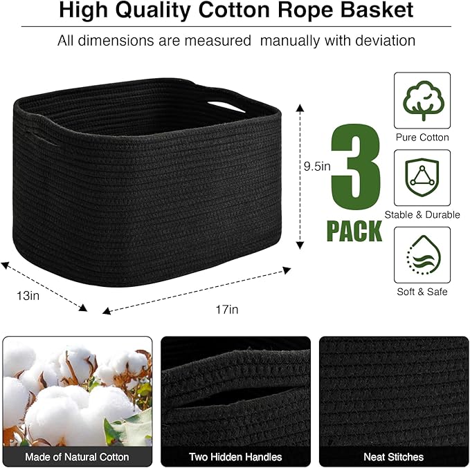 Large Storage Baskets for Organizing Shelves, Woven Cotton Rope Bins for Baby Nursery Organization, Book Toy Towel Organizer, 17"x13"x9.5", 3 Packs, Black