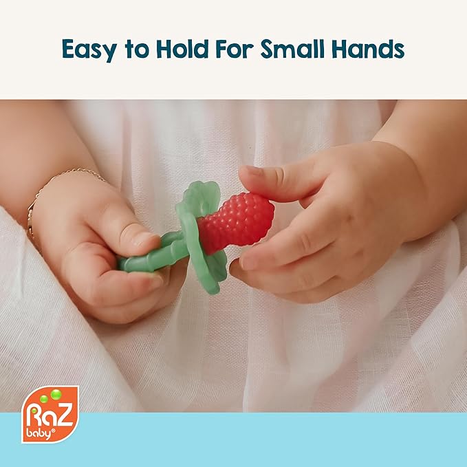 RaZbaby Soft Silicone Infant & Baby 3M+ Teether Toy Berrybumps Textured Teething Relief Pacifier - Soothes Sore Gums - Hands-Free & Easy-to-Hold Fruit-Shaped RaZberry Design, BPA Free – Blue