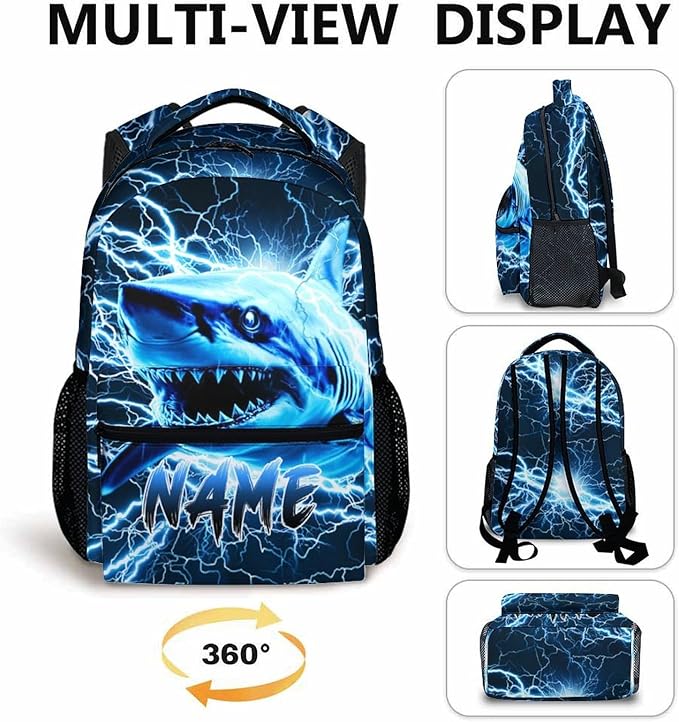 Shark Backpack for Kids Boys - 17 Inch Custom Backpacks with Name for Kindergarten Primary Elementary Senior Middle - Cool Durable Personalized Lightning Bookbag