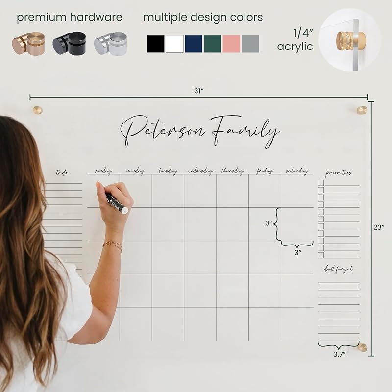 Personalized Clear Acrylic Calendar for Wall, Calendar Whiteboard for Wall, Dry Erase Wall Calendar, Wall Calendar Organizer System for Home (Cursive, Jade, 31"W x 23"H)