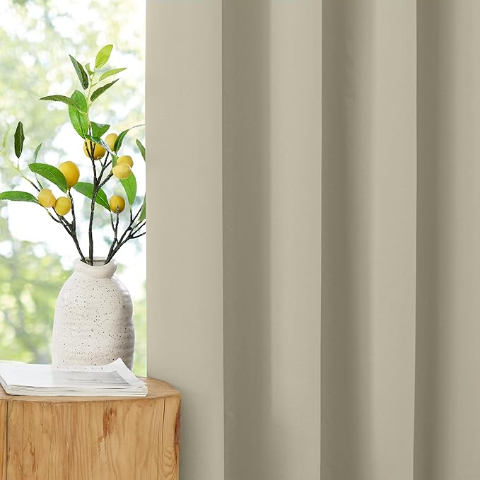 NICETOWN 100% Blackout Portable Curtains, Grommet Total Privacy Window Treatments Thermal Curtains Lightweight Travel Blackout Shades for Bedroom/Hotel, Muted Beige, W52 x L63, 2 Panels