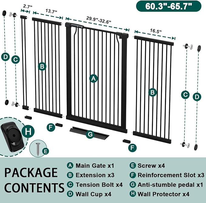 Fairy Baby 40.5" Extra Tall Baby Gate Pressure Mounted, 60.3"-65.7" Extra Wide Dog Gate Indoor for The House Doorway, Metal Safety Child Gate for Kids, Auto Close Swing Pet Gate for Stairs, Black