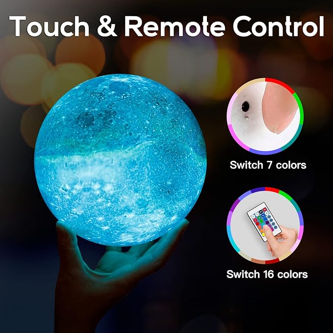 BRIGHTWORLD 7.1inch Galaxy Lamp 16 Colors Moon Lamp 3D Printing, Remote & Touch Control USB Rechargeable, Birthday Gifts for Women Room Decor Aesthetic（Black Hand Base）