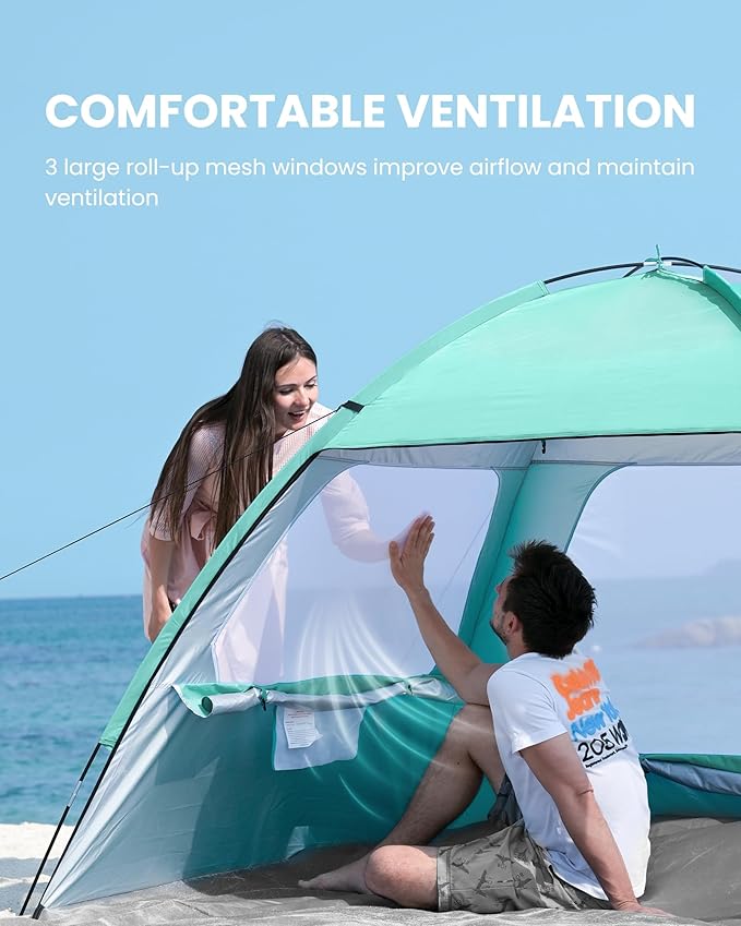 OutdoorMaster Beach Tent for 3/4 Person - Easy Setup Sun Shade Shelter, Portable Beach Shade Sun Canopy with UPF 50+ UV Protection, Removable Skylight Family Size