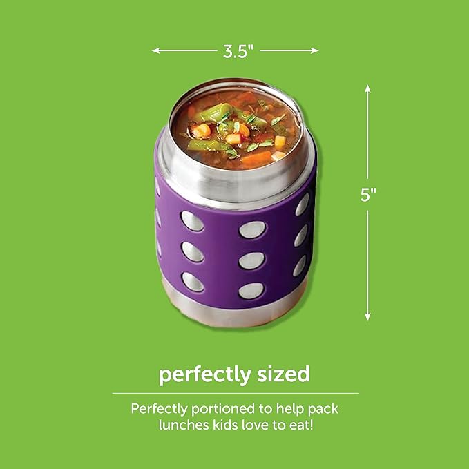 LunchBots Thermal 12 oz Triple Insulated Thermos - Hot 6 Hours or Cold 12 Hours - Leak Proof Thermos Soup Jar - All Stainless Interior - Navy Lid - Purple Dots