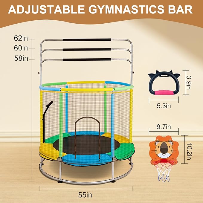 Trampoline for Kids with Anti-Rollover Round Bottom and Swing,55" Toddler Mini Trampoline for Kids Up to 440 Ibs,Gifts for Ages 3 Years and UP Indoor or Outdoor Play