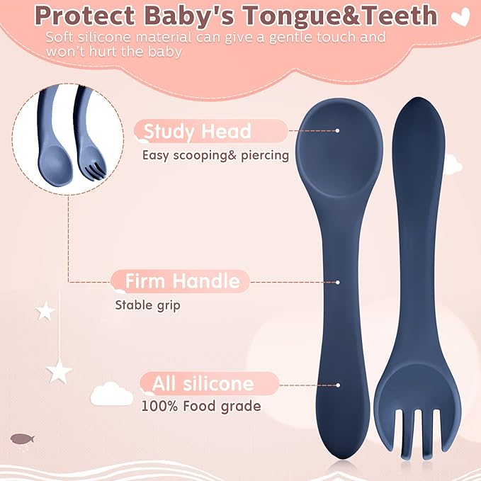 10 Pieces Baby Led Weaning Spoons and Forks Set Infant Silicone Spoon First Self Feed Baby training Utensils for Toddler First Stage Feeding Supplies for Kids Over 6 Months, 5 Pairs (Bright Colors)