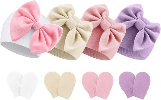 BQUBO Newborn Baby Hats Mittens Set Hospital Hat Beanie Infant Bow Hats Baby Gloves No Scratch Mittens for 0-6 Months