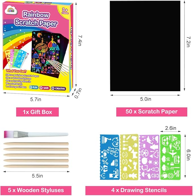 ZMLM Scratch Art Crafts Girls Gifts, 60 Rainbow Scratch Paper Art Gifts for 3 4 5 6 7 8 9 10 Years Old Girls and Boys Kids, Arts and Crafts for Kids 4-6 Birthday Toys and Games Activities Gift (Pink)