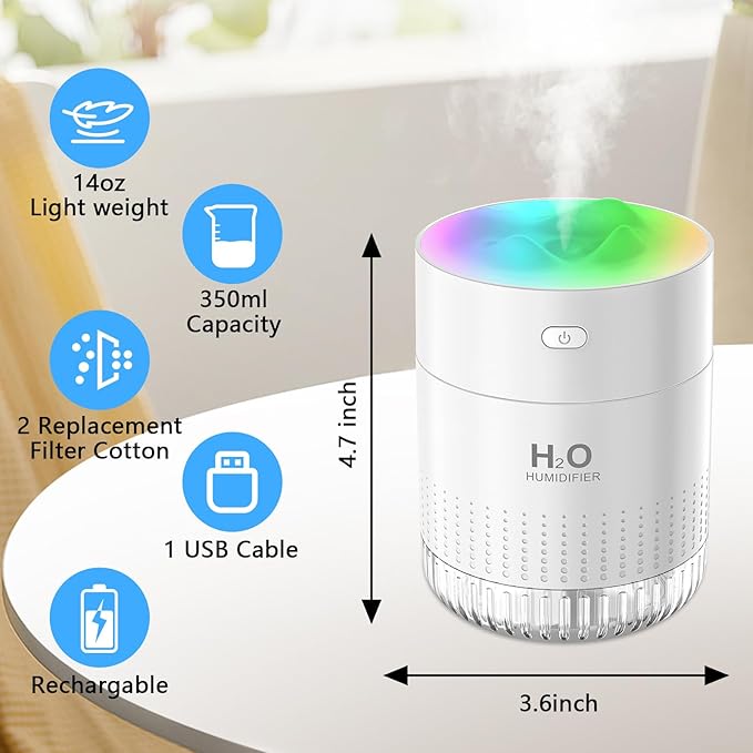 Portable Small Humidifiers for Bedroom Baby, Rechargeable Mini Cool Mist Plant Humidifier for Plants, Quiet Desktop Humidifier with 2 Working Modes & Colorful Night Light for Travel, Office, Bedroom