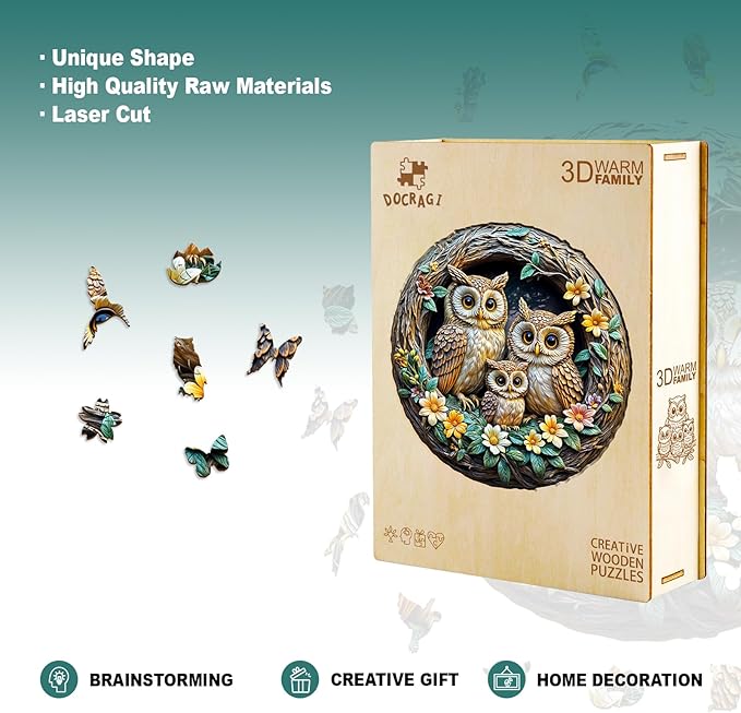 Wooden Puzzles for Adults and Kids - 3D Vision Effects Owl Family Wooden Jigsaw Puzzle - Unique Animal Shaped Wood Puzzles Adult - Creative Birthday Gift Family Game (200pcs)