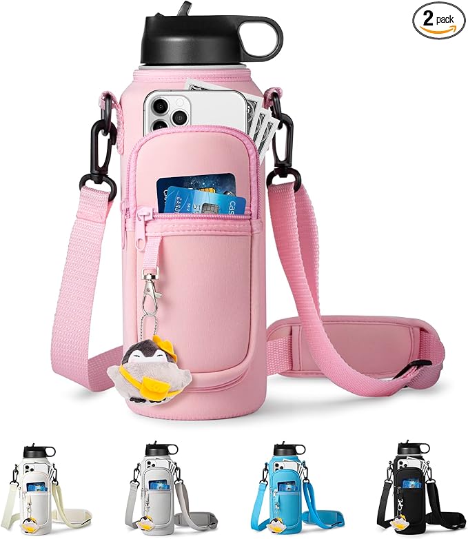 Water Bottle Holder with Strap for Hydroflask 32oz 40oz, Carrier Sling Bag with Phone Pocket Sleeve for Men Women Hiking Camping Travelling（Pink 40oz）