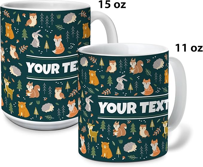 Personalized Mug for Kids - Woodland Animals - Custom Name/Text, Ceramic Hot Chocolate/Coffee Cup for Boys/Girls, Birthday/Christmas/Holiday Gift - 11 oz, Light Blue Handle