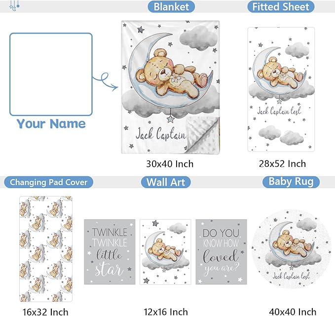 Personalized Crib Set, 5 Pcs Custom Baby Bedding with Name, Double Layer Nursery Bedding for Boy Girl, Soft Moon Bear Bedding Set, Gifts for Toddler, Infant, New Parents