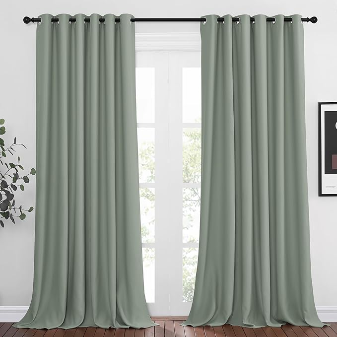 NICETOWN Room Darkening Curtains and Drapes for Window 95" L - Triple Weave Energy Saving Thermal Insulated Solid Grommet Blackout Panels for Patio (80" Wide per Panel, 2 Panels, Sage Green)