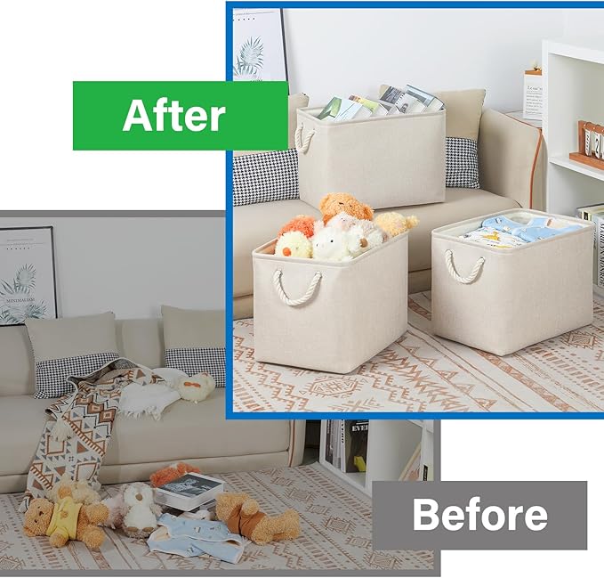 Bidtakay Large Storage Baskets for Shelves 3 Pack Fabric Storage Bins for Organizing Linen Collapsible Organizer for Closet-Light Biege