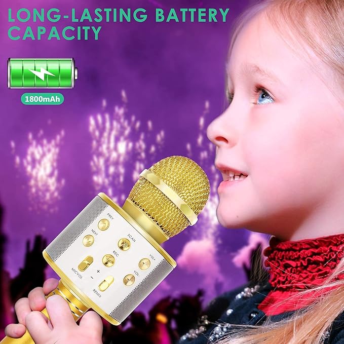 KIDWILL Wireless Bluetooth Karaoke Microphone for Kids, 5-in-1 Portable Handheld Karaoke Mic Speaker Player Recorder with Adjustable Remix FM Radio for Kids Girls Boys Teens Birthday (Gold)