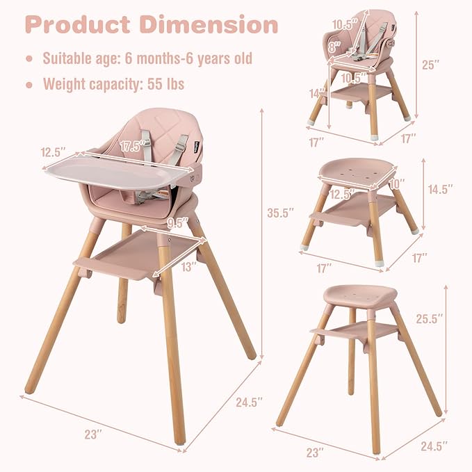 BABY JOY Baby High Chair, 6 in 1 Convertible Wooden High Chair for Babies & Toddlers with Adjustable Legs, Double Removable Tray, Safety Harness & Waterproof PU Cushion (Pink)