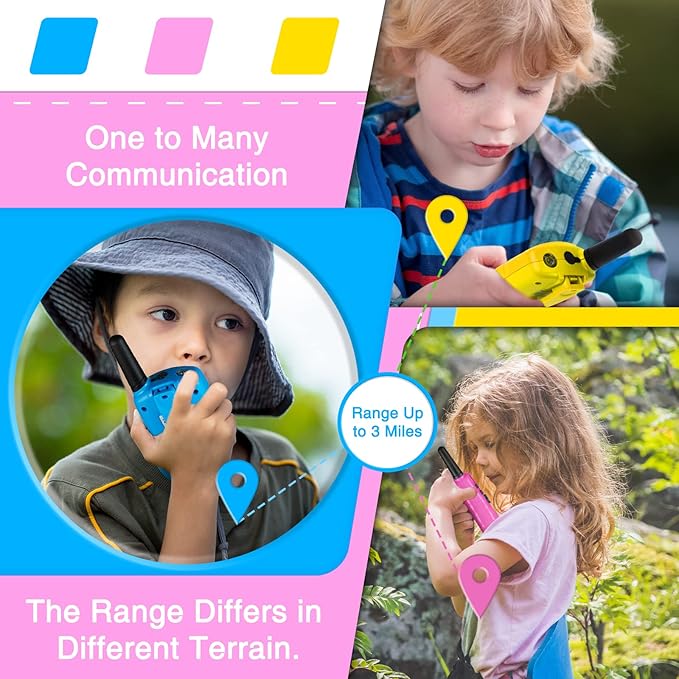 Walkie Talkies for Kids 3 Miles Long Range, 22 Channels Walkie Talkie with Clear Sound & Automatic Squelch, Kids Walkie Talkies, Outdoor Camping Toys for Boys and Girls (Blue Pink Yellow)