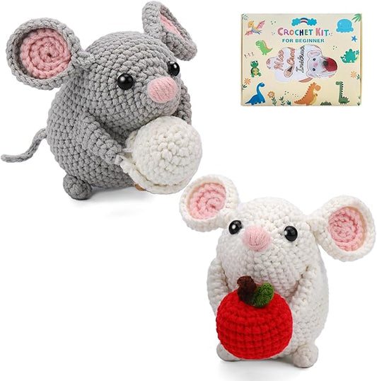 RUQKNO Crochet Kit for Beginners， 2 Pcs Hamster Amigurumi Crochet Animal Kit with Step-by-Step Video Tutorials, Easy-to-Learn Beginner Crochet Kit for Adults & Kids, All-in-One Craft Supplies