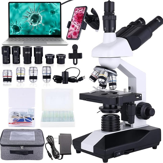 Compound Trinocular Microscope 40X-5000X Magnification, Research Grade Professional Microscope, Two Levels of Mechanical Stage LED Illumination, USB Video Camera with Microscope for Adults