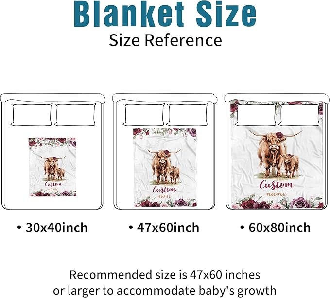 Custom Name Crib Bedding Set - Highland Cow Theme, Personalized Rose Floral Nursery Bedding 3-Piece Set– Soft Blanket, Fitted Sheet, Changing Pad Cover – for Newborns Girls Nursery Gifts