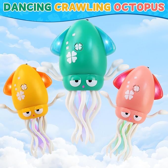 USB Rechargeable Dancing Octopus Baby Toy - Electric Crawling & Tummy Time Toy, Magical Musical Squid, Stress-Relief Desk Decor - Birthday for Kids Ages 1 2 3 4 5 6 Girls (Pink)