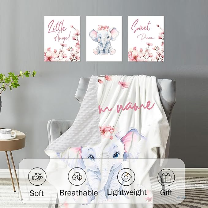 Personalized Nursery Crib Bedding Set: Custom Name 5 Piece Baby Crib Sets with Pink Flower and Elephant Pattern - Toddler Double Layer Blanket Set, Comfortable Crib Bed Sheets for Baby Grils