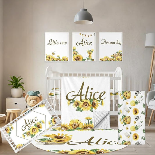 Personalized Baby Bedding Set - 5 Pcs Custom Infants Bedding Set with Infant Name - Double Layer Nursery Crib Set for Girls Boys - Customized Gifts for Toddler Baby Shower - Yellow Sunflower