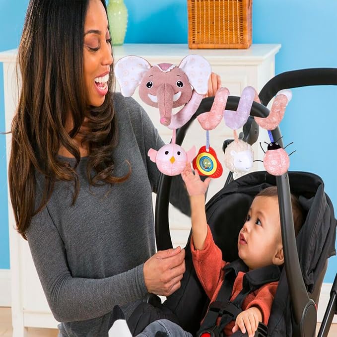 Car Seat Toys, Baby Stroller Toys Infant Spiral Hanging Toys for Crib Bar Bassinet Stroller Car Seat Mobile, Early Development Toys for Newborn Baby Girls 0 3 6 12 Months -Pink Elephant
