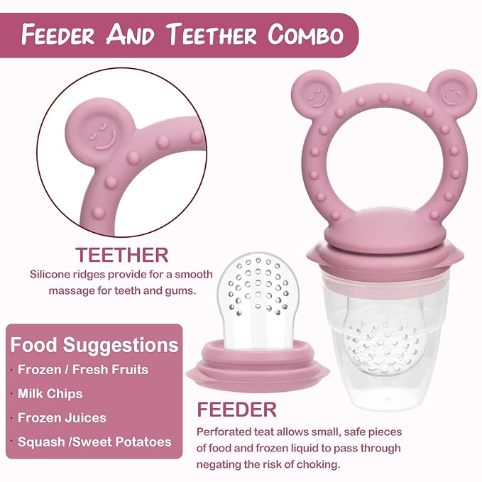WAJIAYON Baby Breastmilk Popsicle Molds & Baby Fruit Feeder (2 Pack), Infant Food Freezer Tray Storage Containers, Silicone Teething Pacifier Feeder and Teether for Babies - Blush