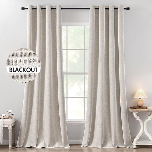 MIULEE 100% Blackout Linen Textured Curtains for Bedroom Solid Thermal Insulated Ivory Grommet Room Darkening Curtains & Drapes Luxury Decor for Living Room Nursery 52 x 132 Inch (2 Panels)