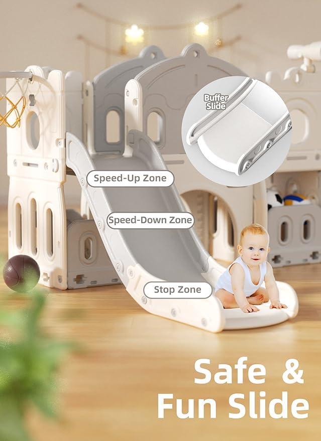 XJD 7 in 1 Toddler Slide Set, Kids Slide for Toddlers Age 1+, Toddler Climber Slide PlaySet with Basketball Hoop and Ball,Outdoor Indoor Playground for Toddlers 1-3