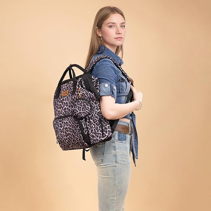Wrangler Leopard Print Backpack Multifunction Baby Travel Bag with Changing Pad, Stroller Straps and Pacifier Case WG2204-91103LP-BK