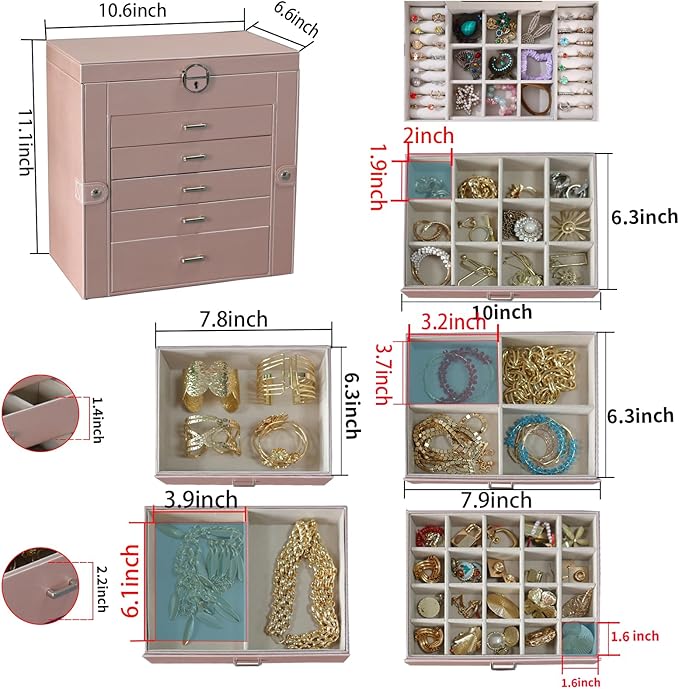 BOOVO Jewelry Box For women, 6 Layer Large Jewelry Organizer With Mirror, Multi-Function Storage Box With Lock, Accessory Holder With 5 Drawers, For Earrings Necklace Ring Bracelet (Rose Gold)