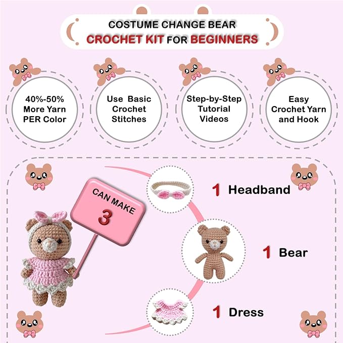 LoopMap Crochet Kit for Beginners - DIY Amigurumi Bear with Removable Dress & Accessories - Step-by-Step Video Tutorials, Extra Yarn, Crochet Tools, Handmade Gift for Kids & Adults (Bear K01, Pink)