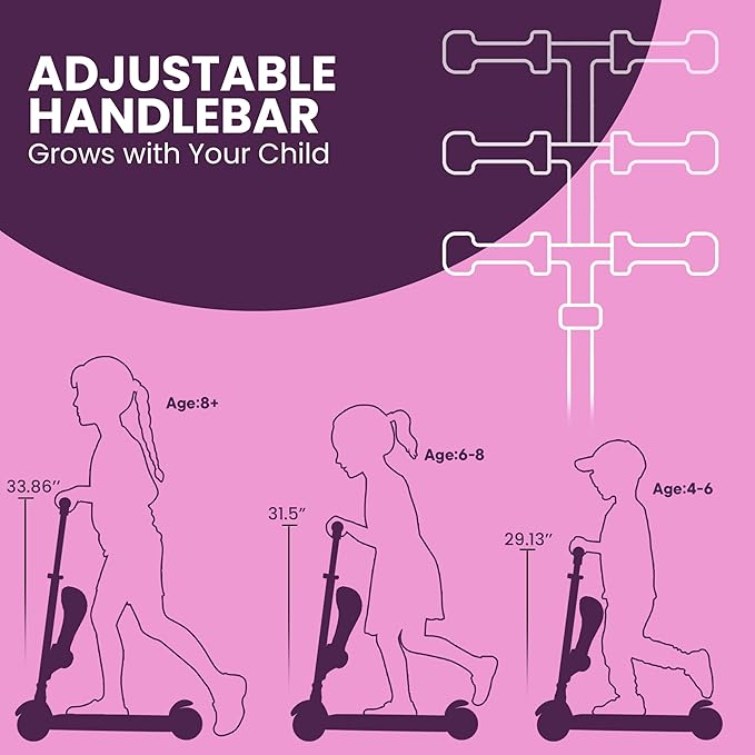 Pink & Purple 3 Wheel Scooter with Seat for Kids – Light-Up LED Wheels, Adjustable Handlebar and Seat, Smooth PU Wheels, Wide Anti-Slip Deck, Rear Foot Brake – Toddler Outdoor Toys for Ages 2+