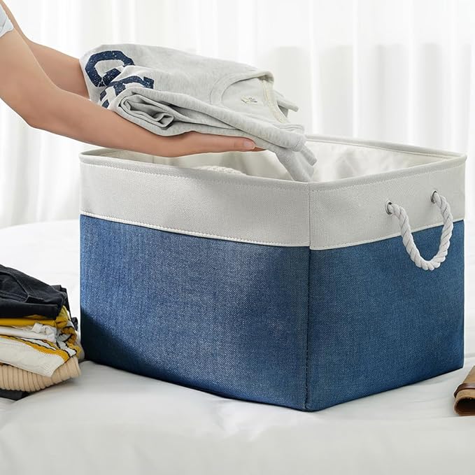 TheWarmHome Organization and Storage Basket for Shelves - Jumbo 3 Pack 20x16x14 inch Collapsible Storage Bins for Organizing, Canves Storage Cubes for Gift Organizer Toys Closet (White & Jean Blue)