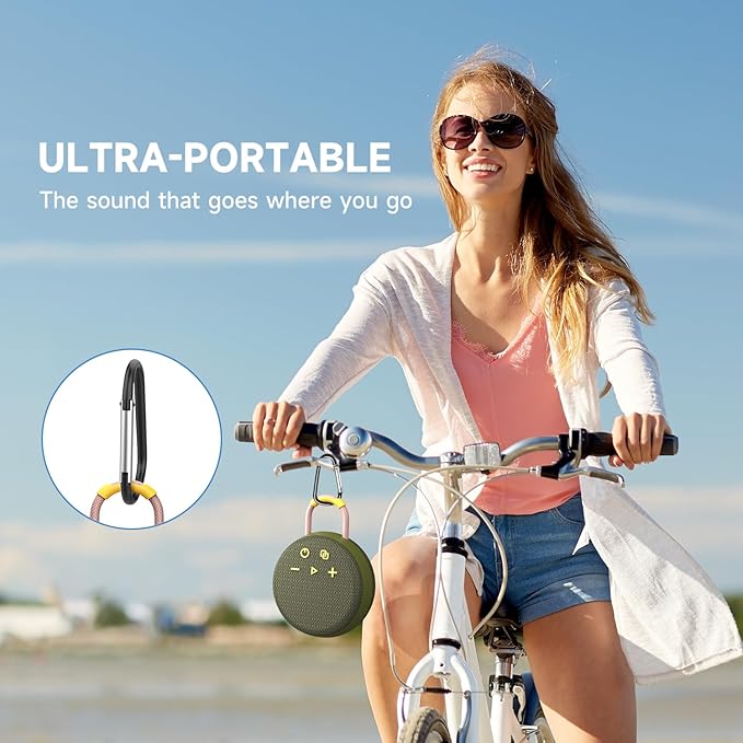 MusiBaby Rugged Mini Clip-On Speaker – BT 5.3, Waterproof Build, Shock-Resistant Rubber Shell, Great for Camping Packs, College Study Corners, or Travel Bags (Green)