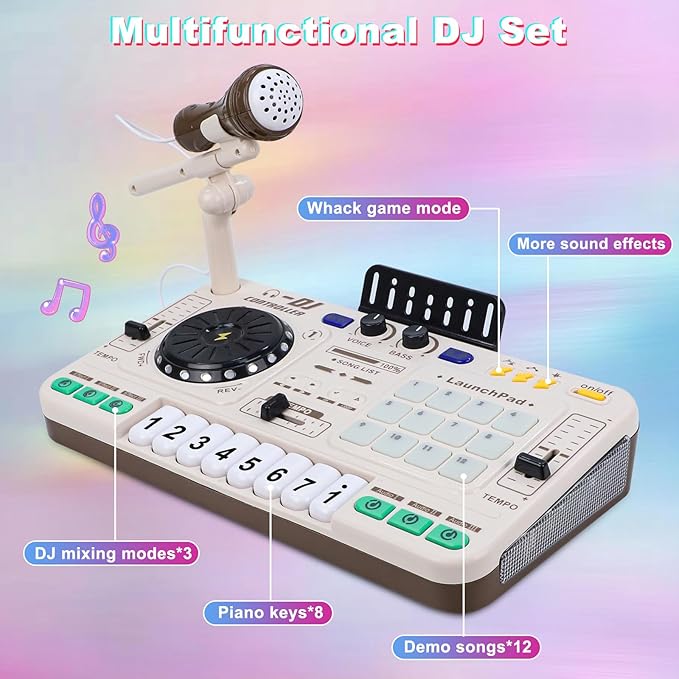 Magic4U Kids DJ Mixer, Toddler Rechargeable DJ Set with Lights, Sound Effect, Demo Songs and Reaction Music Games, Musical Toys Birthday Party Gift for 3-9 Years Old Girls Boys