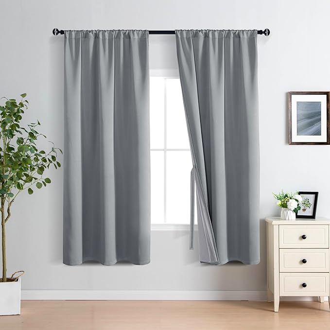 XWZO 100% Blackout Curtains with Tiebacks- 2 Thick Layers Completely Shaded Rod Pocket Window Treatment Thermal Insulated Lined Drapes for Bedroom/Laundry Room, Grey, W42 x L72, Set of 2